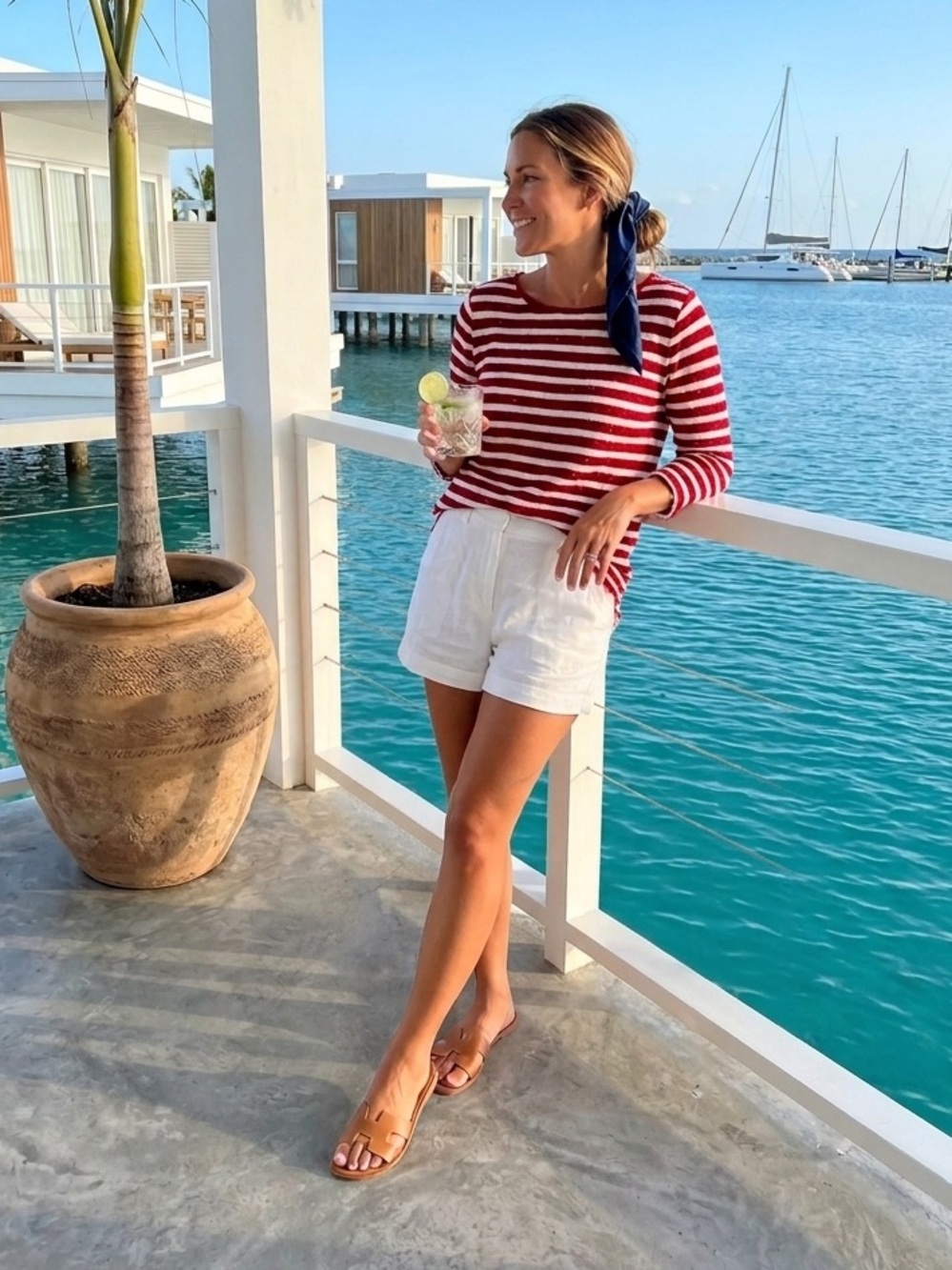 Talbots Red White Striped Sequin Knit Top L Large Nautical Boatneck 3/4 Sleeve